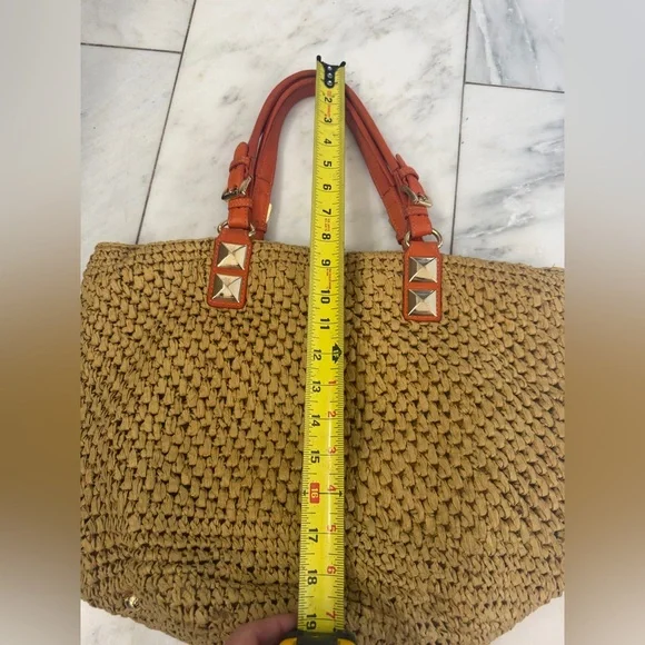 Michael Kors women’s tan straw beach shoulder tote bag with orange leather strap - Picture 13 of 13